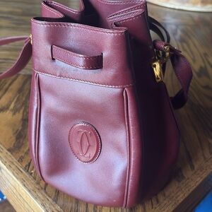 CARTIER Shoulder Bag Leather Bordeaux Gold Auth yk15058
